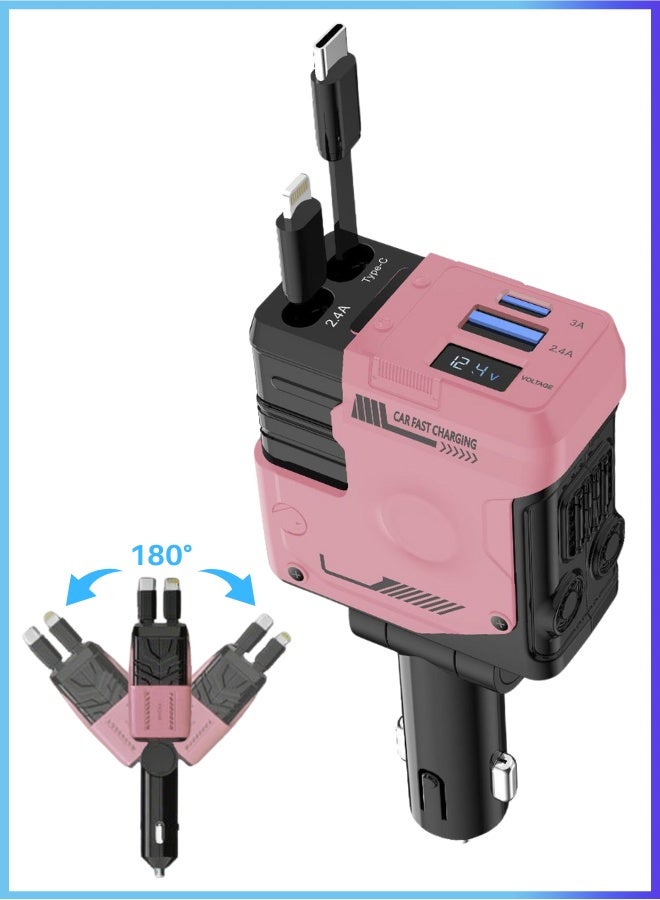 66W Car Metal Charger Super Fast Charging One-To-Four Digital Display Double-End Retractable Cable Suitable For Apple/Huawei/Samsung Stable And Uninterrupted Power Type C Dual Interface + Pd Fast Charging - Pink  - Image 1