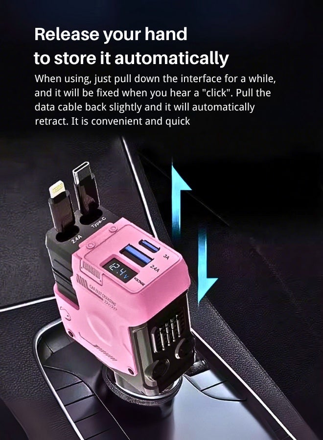 66W Car Metal Charger Super Fast Charging One-To-Four Digital Display Double-End Retractable Cable Suitable For Apple/Huawei/Samsung Stable And Uninterrupted Power Type C Dual Interface + Pd Fast Charging - Pink  - Image 3