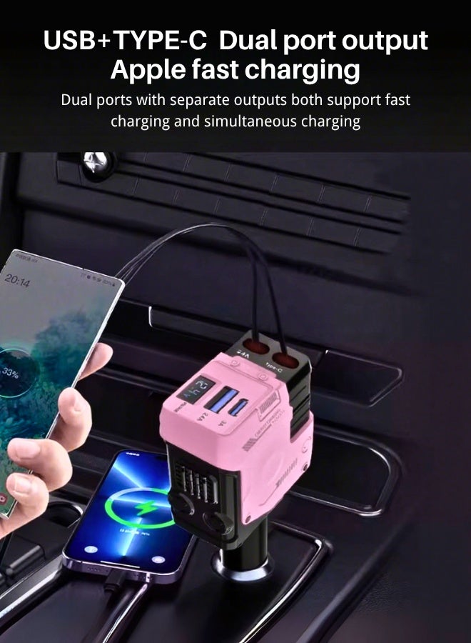 66W Car Metal Charger Super Fast Charging One-To-Four Digital Display Double-End Retractable Cable Suitable For Apple/Huawei/Samsung Stable And Uninterrupted Power Type C Dual Interface + Pd Fast Charging - Pink  - Image 4