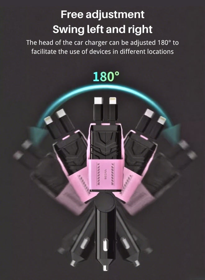66W Car Metal Charger Super Fast Charging One-To-Four Digital Display Double-End Retractable Cable Suitable For Apple/Huawei/Samsung Stable And Uninterrupted Power Type C Dual Interface + Pd Fast Charging - Pink  - Image 5