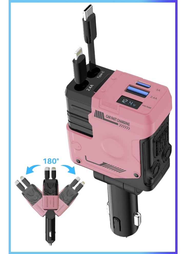 66W Car Metal Charger Super Fast Charging One-To-Four Digital Display Double-End Retractable Cable Suitable For Apple/Huawei/Samsung Stable And Uninterrupted Power Type C Dual Interface + Pd Fast Charging - Pink  - Image 2
