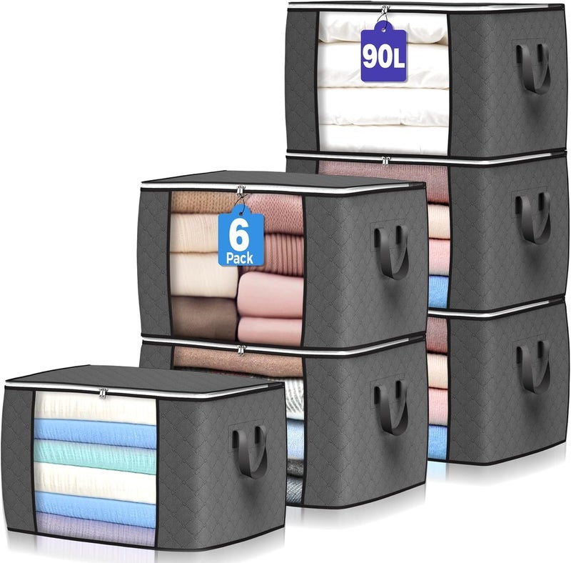 Budding Joy 90 L Large Storage Bags, 6 Pack Clothes Storage Bins Foldable Closet Organizers Storage Containers with Reinforced Handle for Clothing, Blanket, Comforters, Bed Sheets, Pillows and Toys (Gray) - Image 1