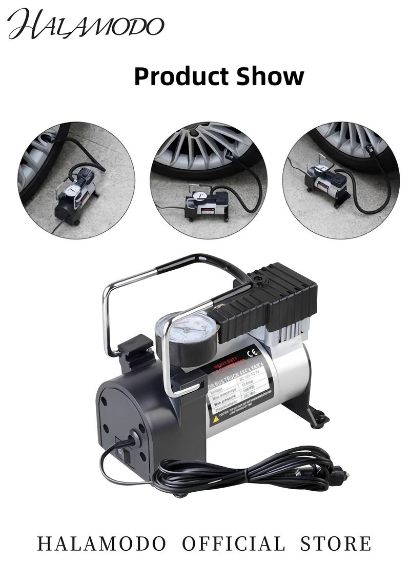 HALAMODO Tire Inflator Auto Tyre Air Compressor Inflator Pump High Pressure Metal Pump Pressure Gauge Universal Car Accessories for Car & Motorcycle Tire（12V 100PSI）  - Image 2