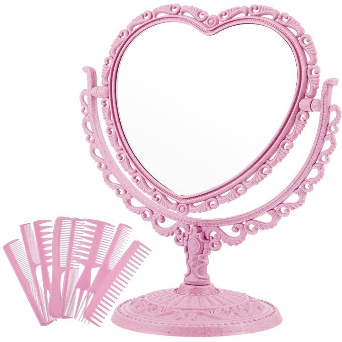 HEART SHAPED MIRROR 8 PIECES HAIR STYLING COMBS DOUBLE SIDED ROTATABLE DRESSER HEART MIRROR MAKEUP GIFTS FOR GIRLS GIFT VANITY TABLETOPPINK