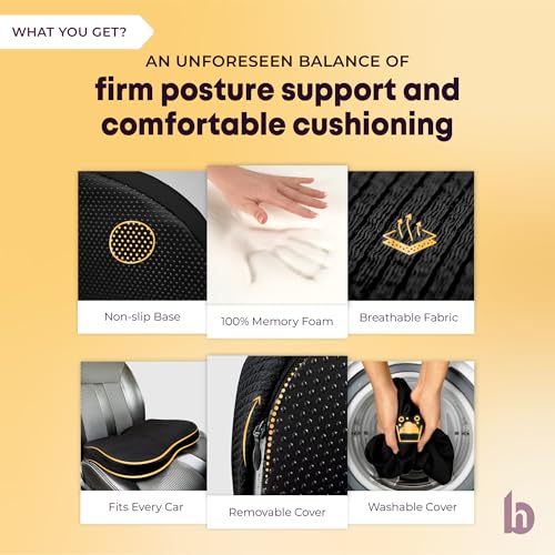 betterhood PosturePro Premium Car Seat Cushion for Driving Seat | Car Cushion Pillow for Tailbone Pain Relief | Orthopedic Memory Foam, Cotton Cover | Ergonomic Design for Long Drive Comfort (Black) - Image 3
