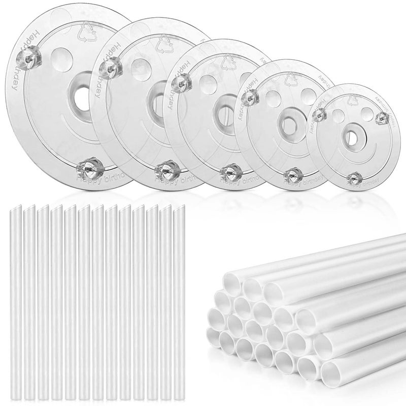KISEER KISEER 5 Pieces Cake Separator Plates Stands with 24 Pieces Plastic Cake Dowels Rods and 15 Pieces Clear Cake Sticks Support Stacking for 4 6 8 10 12 Inch Tiered Cakes 