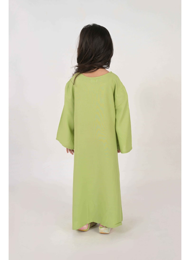 Linelle Kids Jalabiya – Green Rayon Maxi with Full Loose Sleeves and Embroidery Detailing - Image 3
