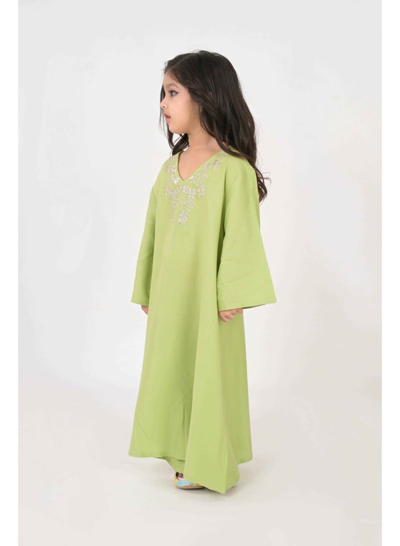 Linelle Kids Jalabiya – Green Rayon Maxi with Full Loose Sleeves and Embroidery Detailing - Image 2