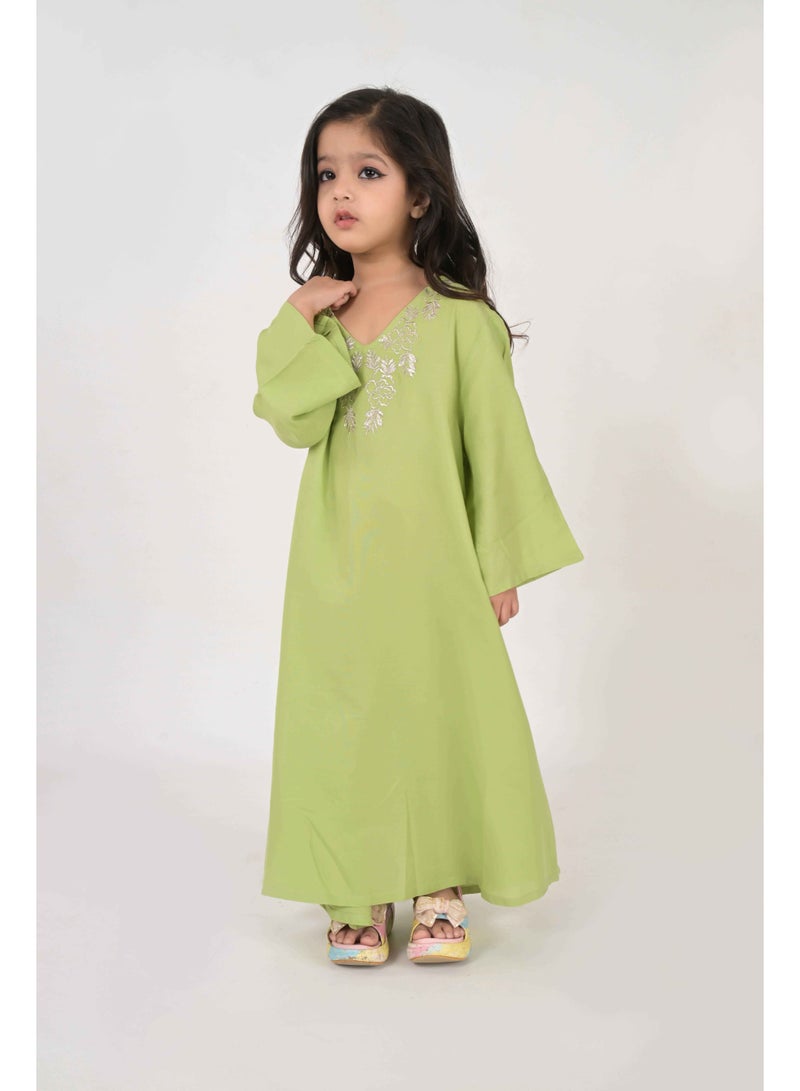 Linelle Kids Jalabiya – Green Rayon Maxi with Full Loose Sleeves and Embroidery Detailing - Image 1
