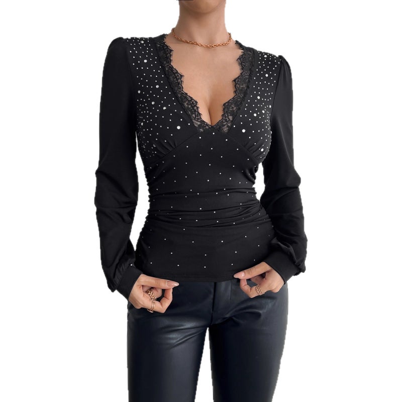 Women's Solid V-Neck Lace Patch Rhinestone Side Gather T-Shirt - Image 5