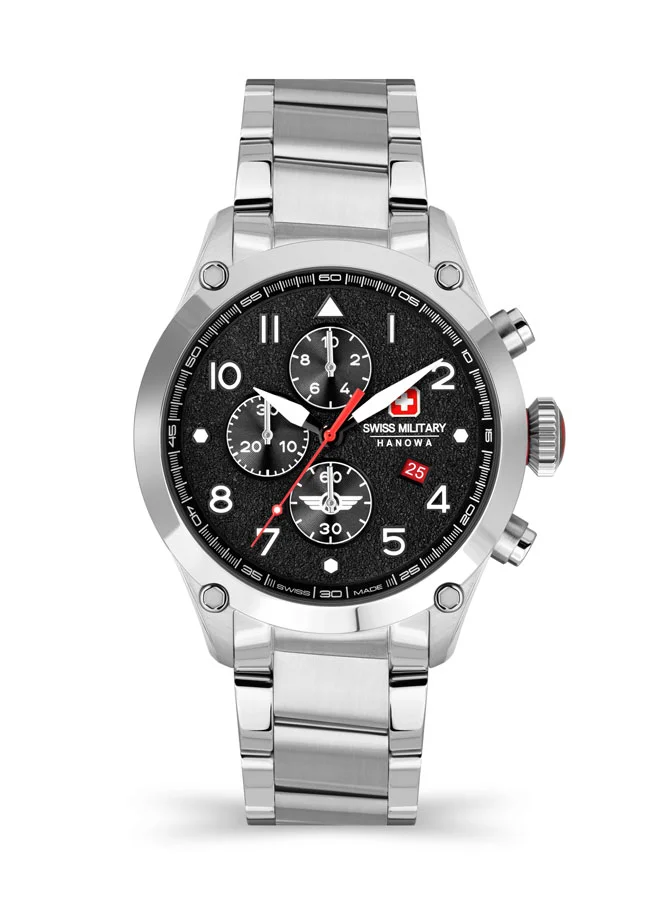 سويس ميليتري هانوا Nightflighter Watch For Men With Silver Stainless Steel Bracelet - 44 mm