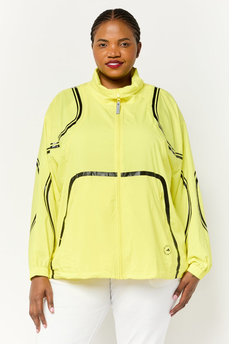 Adidas جاكيت جري طويل الأكمام للنساء بحجم زائد، أصفر نيون - Image 1