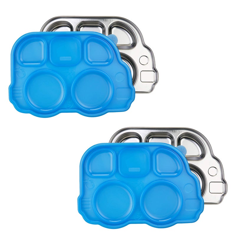 Innobaby Stainless Bus Plate with Sectional Lid The Original LeakResistant Divided Platter Mom Invented Fun Shape Plate Din Din Smart for Babies Toddlers and Kids BPA Free Blue 2 Pack