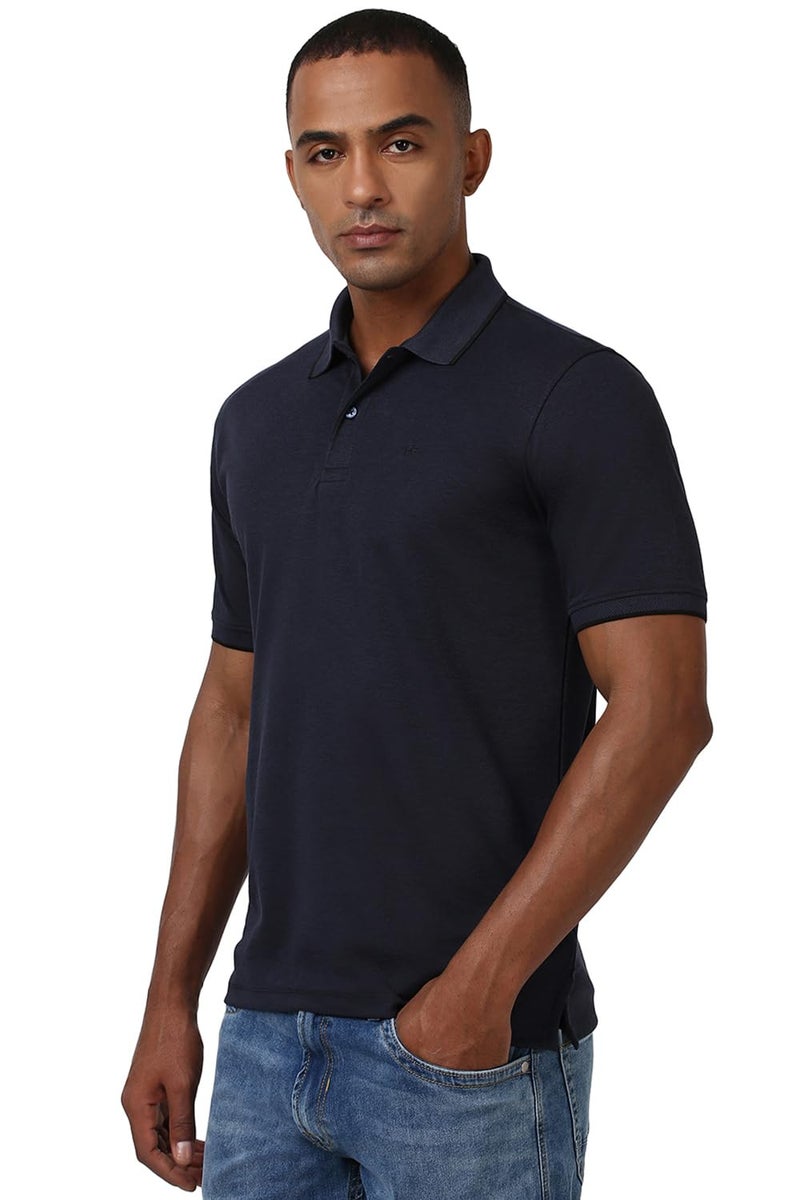 Peter England Men's Premium Branded Regular Fit Half Sleeve Polo T-Shirt | Cotton Rich | Birds Eye Interlock Weave Navy - Image 2