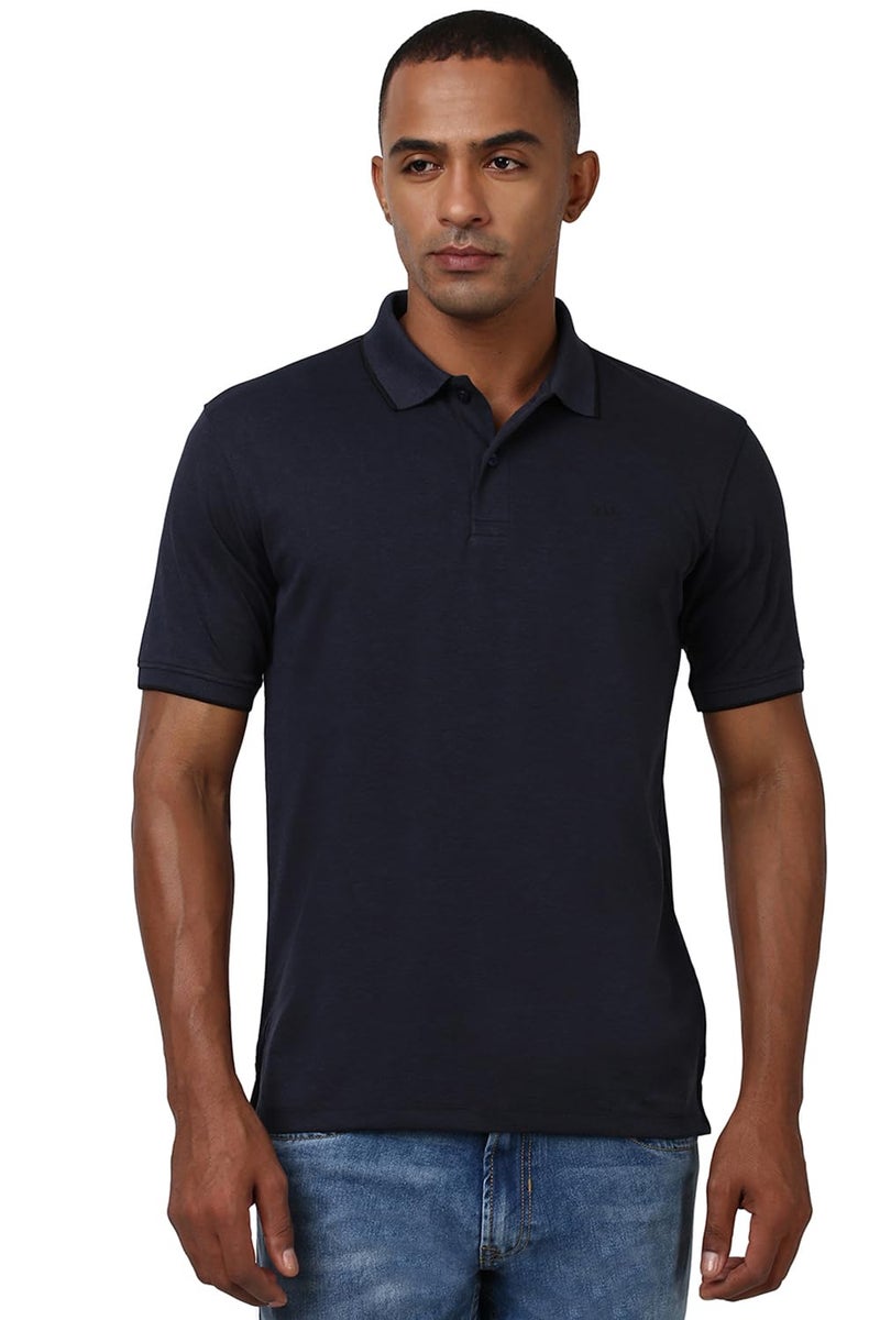 Peter England Men's Premium Branded Regular Fit Half Sleeve Polo T-Shirt | Cotton Rich | Birds Eye Interlock Weave Navy - Image 1