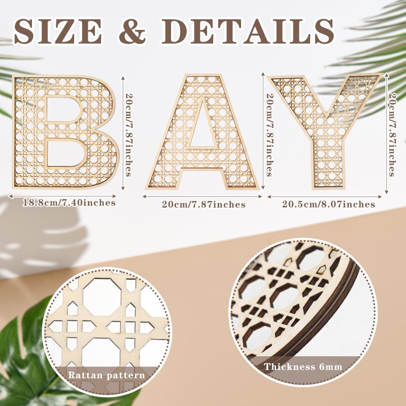 Menkxi 4 Pcs Boho Baby Shower Decor Rattan Wood Baby Letters for 8 Inch Nursery Wall Decor for Rustic Alphabet Letter Home Decoration for Toddler Newborns Birthday Gifts - Image 2