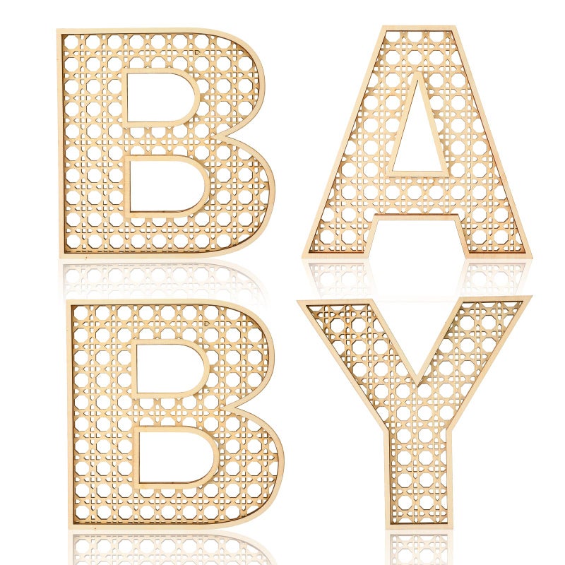 Menkxi 4 Pcs Boho Baby Shower Decor Rattan Wood Baby Letters for 8 Inch Nursery Wall Decor for Rustic Alphabet Letter Home Decoration for Toddler Newborns Birthday Gifts - Image 1