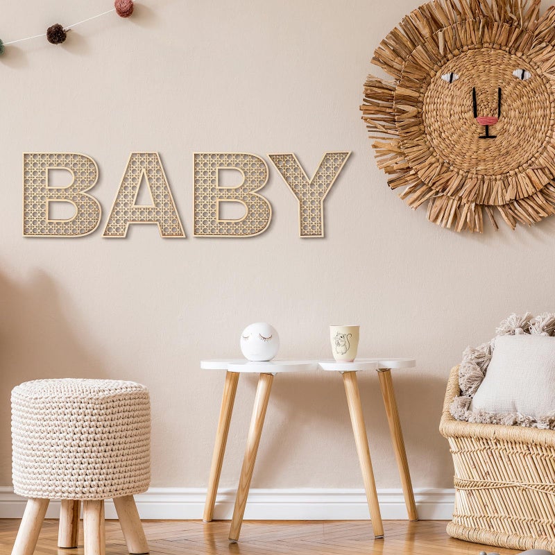 Menkxi 4 Pcs Boho Baby Shower Decor Rattan Wood Baby Letters for 8 Inch Nursery Wall Decor for Rustic Alphabet Letter Home Decoration for Toddler Newborns Birthday Gifts - Image 3