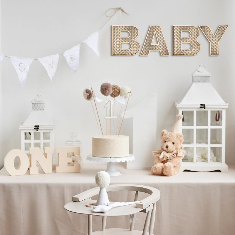 Menkxi 4 Pcs Boho Baby Shower Decor Rattan Wood Baby Letters for 8 Inch Nursery Wall Decor for Rustic Alphabet Letter Home Decoration for Toddler Newborns Birthday Gifts - Image 5