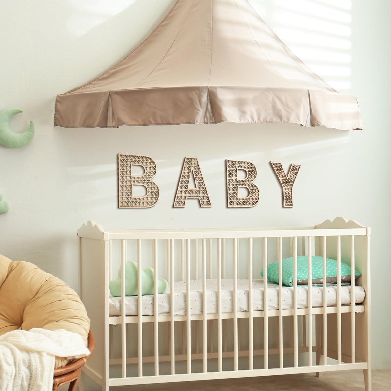Menkxi 4 Pcs Boho Baby Shower Decor Rattan Wood Baby Letters for 8 Inch Nursery Wall Decor for Rustic Alphabet Letter Home Decoration for Toddler Newborns Birthday Gifts - Image 4