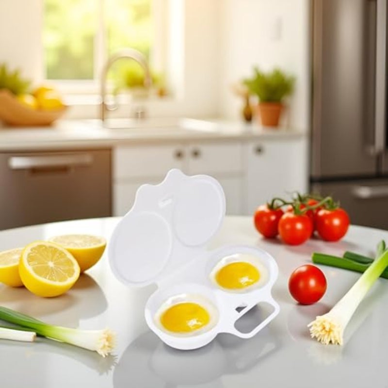 White Egg Poacher, Microwave Boiler Poacher, Poacher, 2 Cavity Nonstick Poached Egg Maker With Lid, Egg Poacher Microwave Egg Cooker, Double Drain Poached Egg Cups, 5 * 1.9in - Image 3