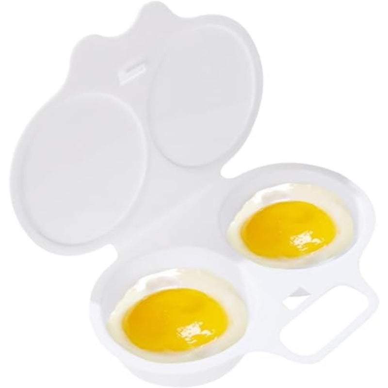 White Egg Poacher, Microwave Boiler Poacher, Poacher, 2 Cavity Nonstick Poached Egg Maker With Lid, Egg Poacher Microwave Egg Cooker, Double Drain Poached Egg Cups, 5 * 1.9in - Image 1