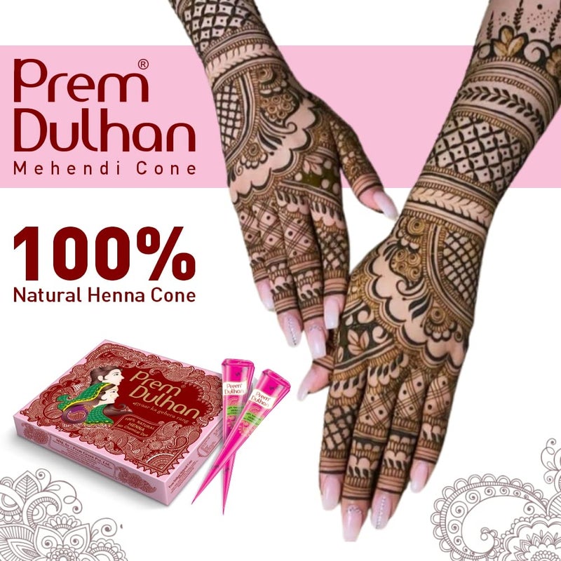Prem Dulhan Hand Designing Without Chemical Long Lasting For Men Women Of 12 Pieces Natural Mehandi Cone 350 GRM Pink Pack of 4 - Image 2