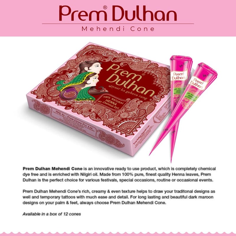 Prem Dulhan Hand Designing Without Chemical Long Lasting For Men Women Of 12 Pieces Natural Mehandi Cone 350 GRM Pink Pack of 4 - Image 3