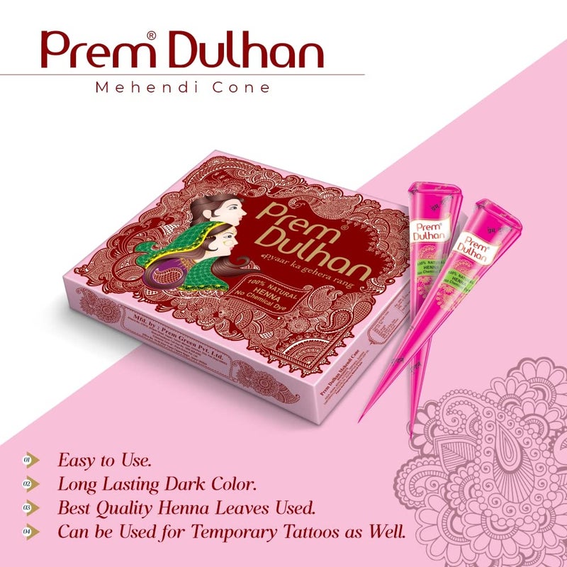 Prem Dulhan Hand Designing Without Chemical Long Lasting For Men Women Of 12 Pieces Natural Mehandi Cone 350 GRM Pink Pack of 4 - Image 4