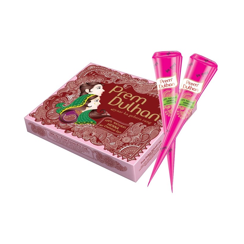 Prem Dulhan Hand Designing Without Chemical Long Lasting For Men Women Of 12 Pieces Natural Mehandi Cone 350 GRM Pink Pack of 4 - Image 1