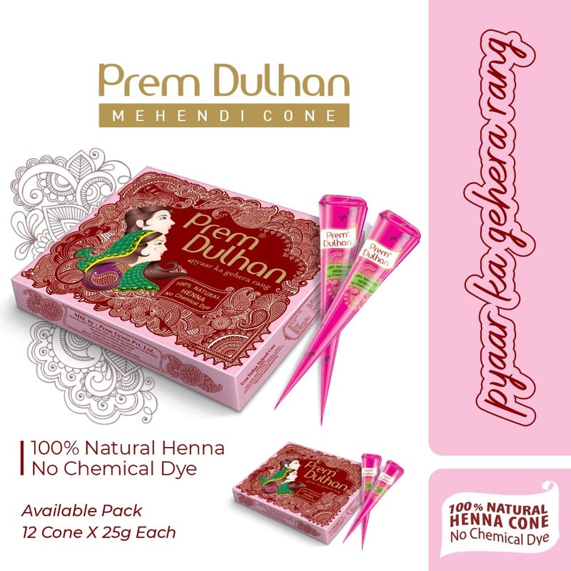Prem Dulhan Hand Designing Without Chemical Long Lasting For Men Women Of 12 Pieces Natural Mehandi Cone 350 GRM Pink Pack of 4 - Image 5