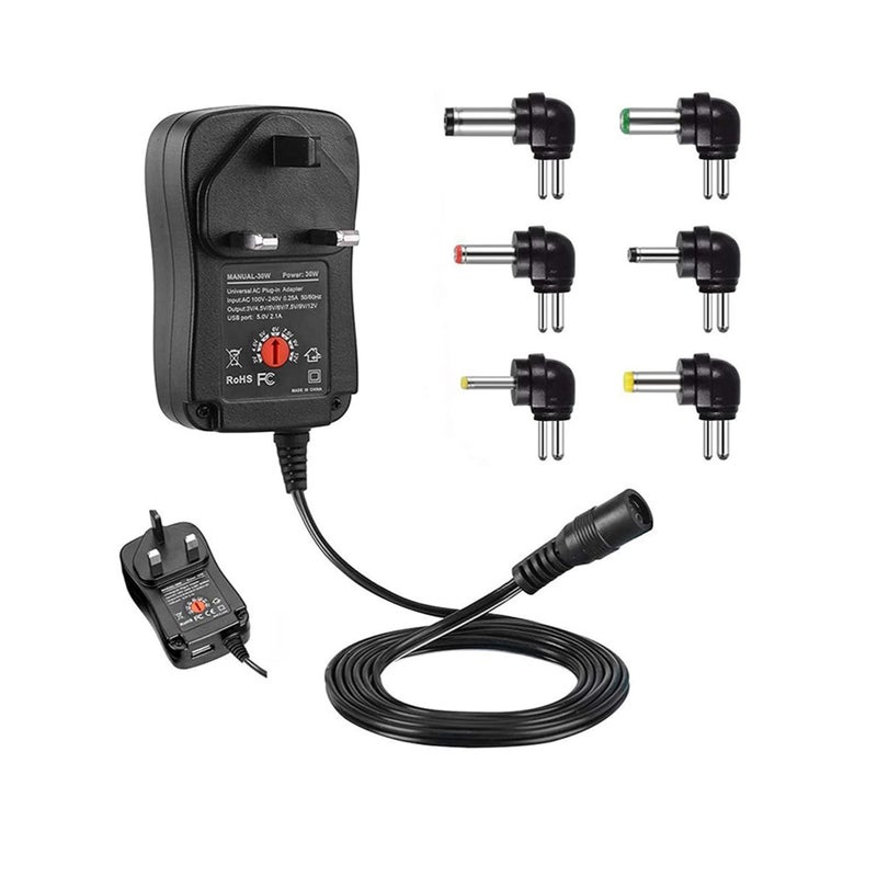 Barakah محول عالمي 30 واط قابل للتعديل AC إلى DC 3-12 فولت مزود بمصدر طاقة قابل للتبديل مع 6 رؤوس موصل قابلة للاختيار وخرج شاحن USB 5 فولت، بديل لجهد 12 فولت المنظم - Image 1