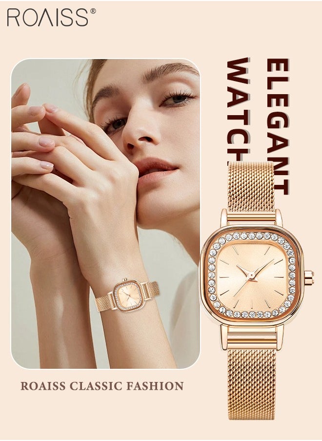roaiss - Women's Mesh Strap Quartz Watch, Analog Display Small Square Dial Watch with Rhinestones Decoration, Waterproof Elegant Watch as Gift for Women - Image 1
