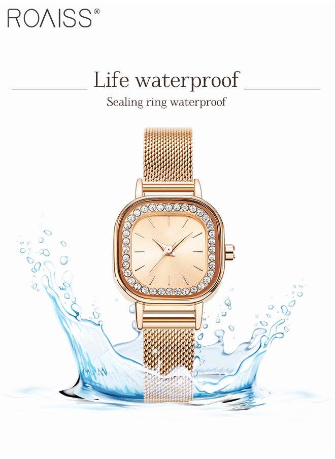 roaiss - Women's Mesh Strap Quartz Watch, Analog Display Small Square Dial Watch with Rhinestones Decoration, Waterproof Elegant Watch as Gift for Women - Image 1