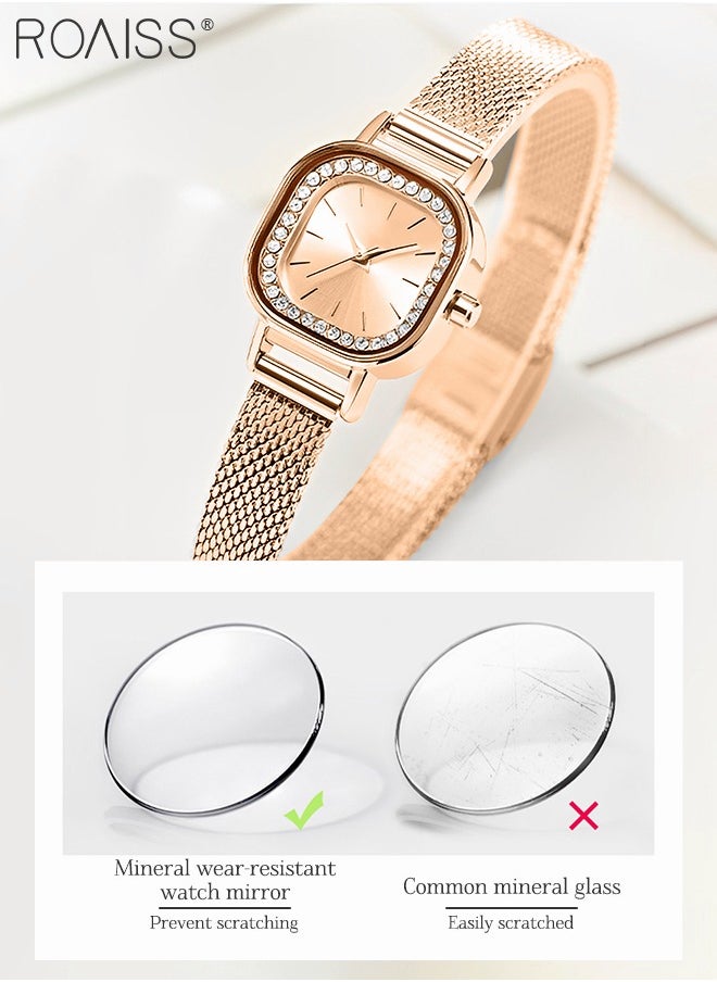 roaiss - Women's Mesh Strap Quartz Watch, Analog Display Small Square Dial Watch with Rhinestones Decoration, Waterproof Elegant Watch as Gift for Women - Image 1