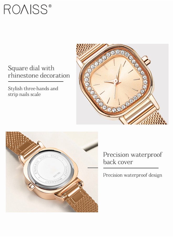 roaiss - Women's Mesh Strap Quartz Watch, Analog Display Small Square Dial Watch with Rhinestones Decoration, Waterproof Elegant Watch as Gift for Women - Image 1