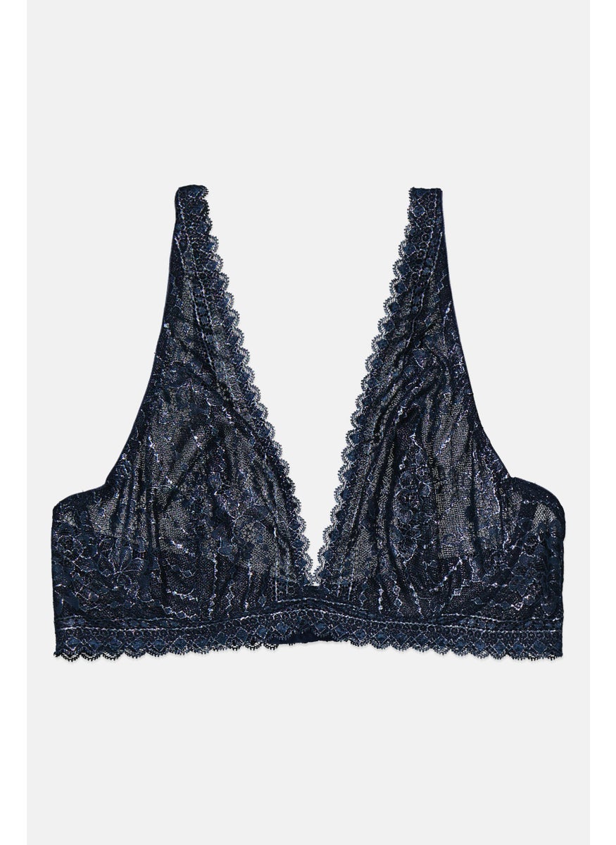 Etam Women Metallic Lace Non Padded Triangle Bra, Navy Blue  - Image 1