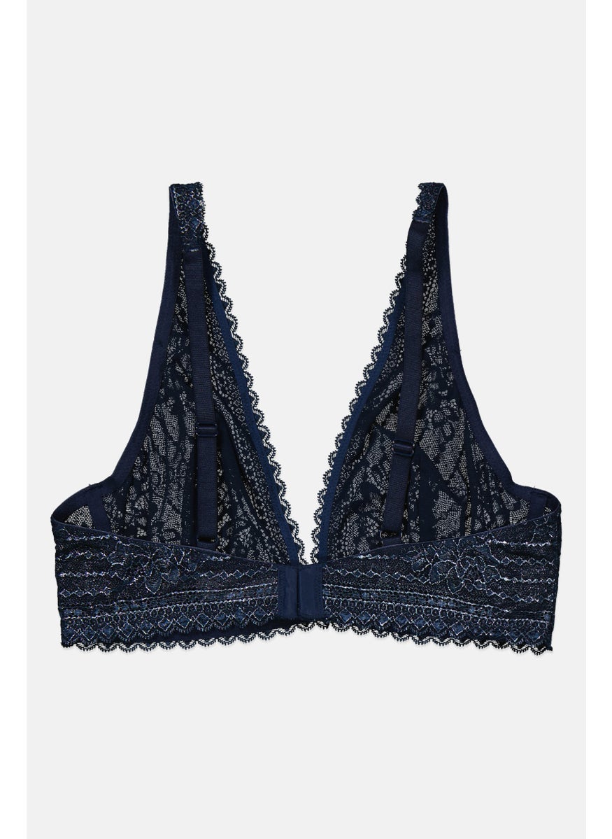 Etam Women Metallic Lace Non Padded Triangle Bra, Navy Blue  - Image 2