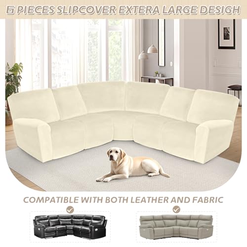 Arfntevss Sectional Recliner Couch Covers Velvet Corner Sectional Sofa Cover for Reclining Couch Stretch Soft L Shape Recliner Slipcover Thick U Shaped Washable Protector (5 Seat Cover, Beige) - Image 3