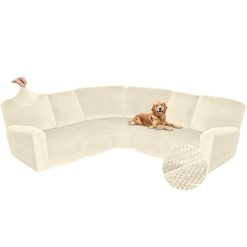 Arfntevss Sectional Recliner Couch Covers Velvet Corner Sectional Sofa Cover for Reclining Couch Stretch Soft L Shape Recliner Slipcover Thick U Shaped Washable Protector (5 Seat Cover, Beige) - Image 1