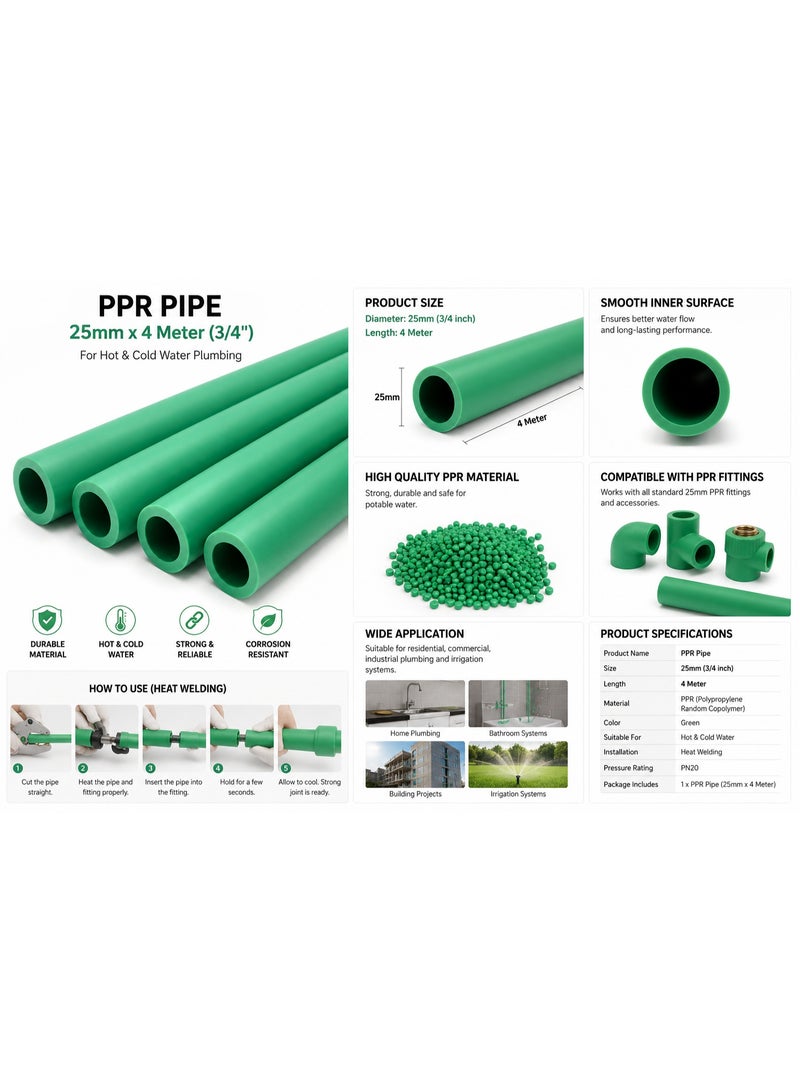 AL ARQAM PPR Pipe 25mm x 4 Meter 3/4 Inch Green Pipe for Hot & Cold Water Plumbing - Image 4