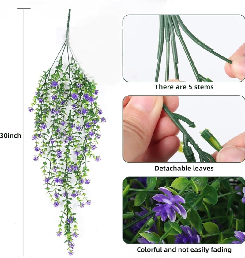 VRB Dec 2 Pcs Artificial Dry Baby's Breath Greenery Hanging Plants Vines Fake Ivy Hanging Flowers Vine Wall Hanging for Home Decor,Wall,Balcony Decoration. (4, Lavender Euclyptus Fern Hanging) - Image 2
