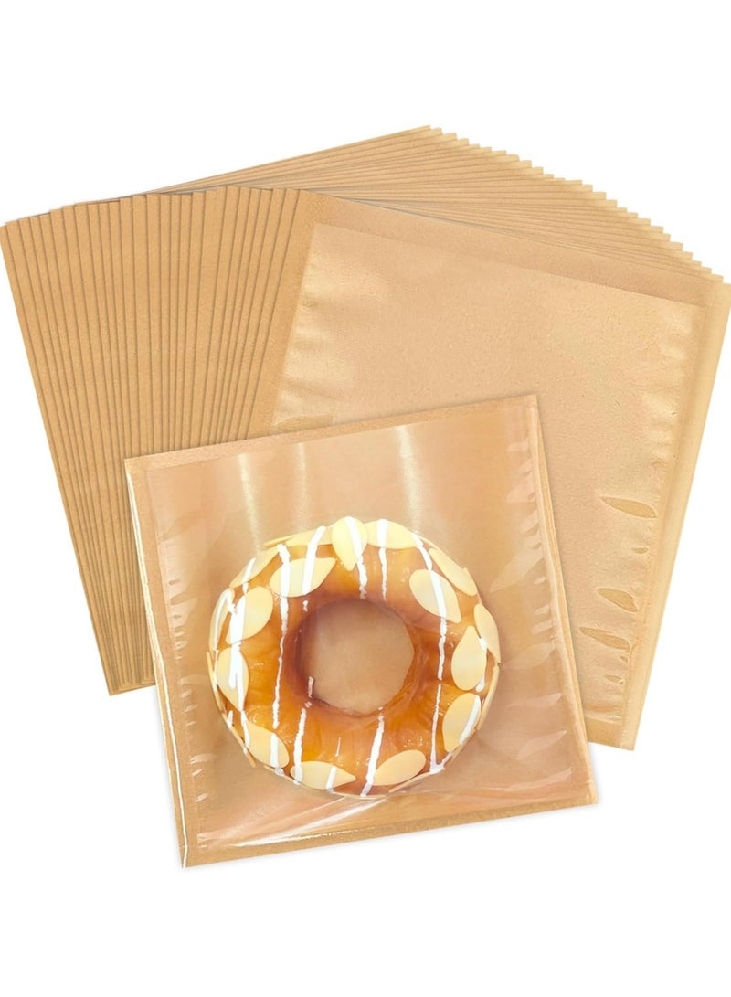Oasisgalore 100-Pack 7x7.5 Inches Heat Sealable Cookie Bags with Window, Brown Kraft Paper, Greaseproof  - Image 1