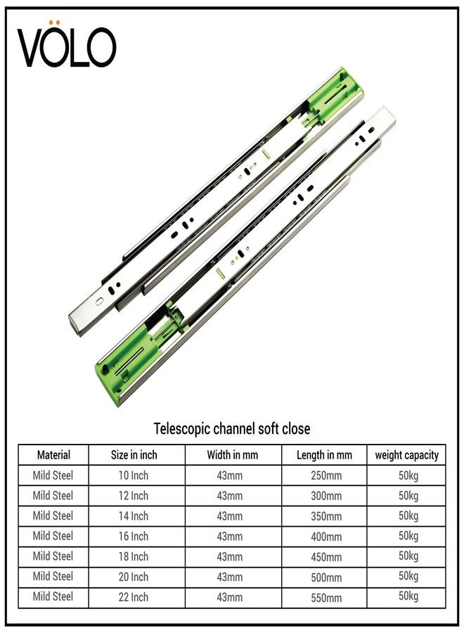 Volo Heavy Duty Drawer Slides, Full Extension Ball Bearing Runners | Pack of 2 Piece | Channels for Kitchen Cabinets, Wardrobes, and Dressers (Soft Close (Mild Steel), 12 Inch) - Image 2