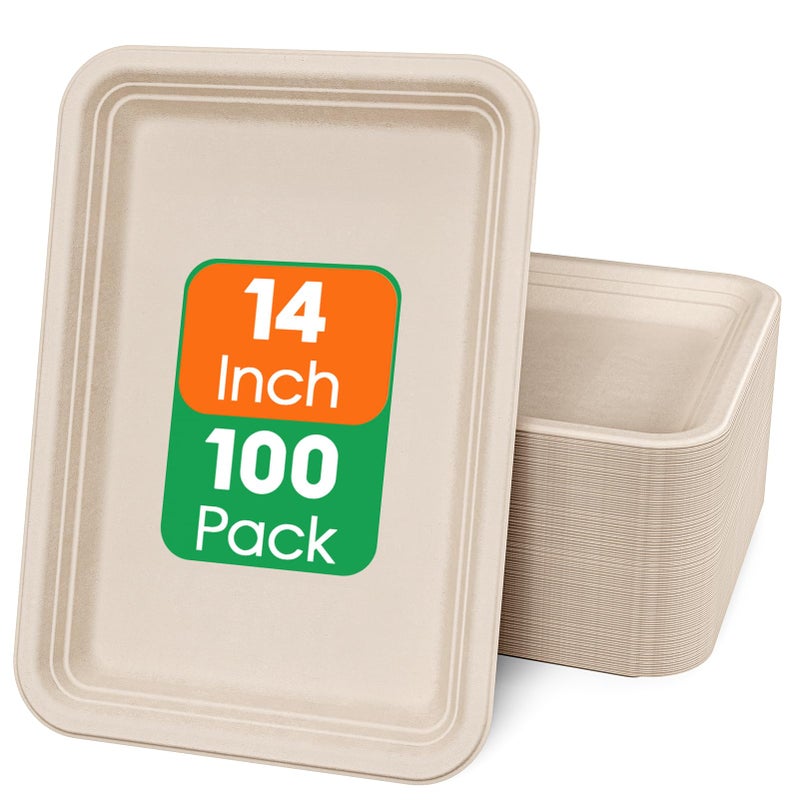 ECOLipak 100 Pack 14 Inch Disposable Food Crawfish Trays  Compostable Large Paper Plates  Disposable Thanksgiving Trays for Serving Food  Turkey  BBQ  Seafood Boil Party Supplies(Nature) - Image 1