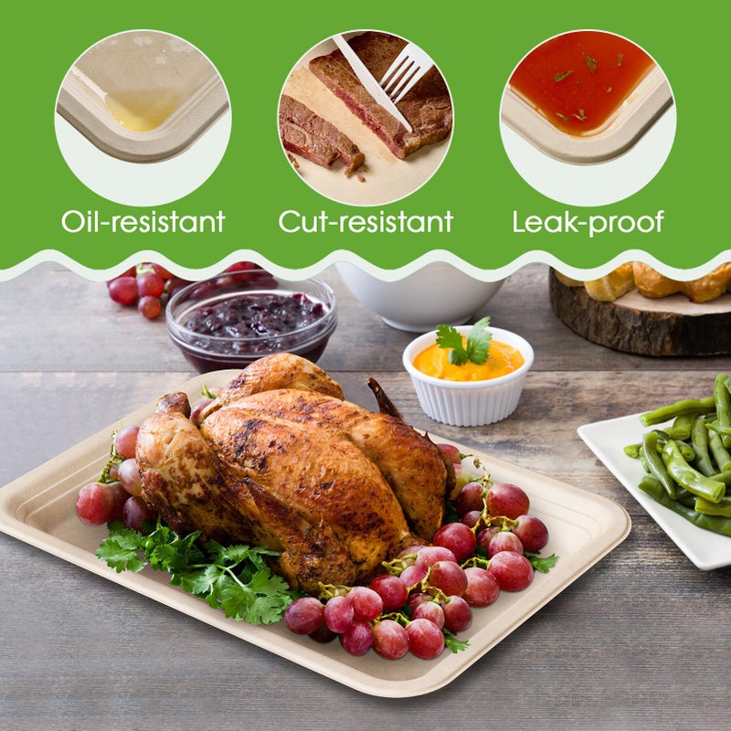 ECOLipak 100 Pack 14 Inch Disposable Food Crawfish Trays  Compostable Large Paper Plates  Disposable Thanksgiving Trays for Serving Food  Turkey  BBQ  Seafood Boil Party Supplies(Nature) - Image 2
