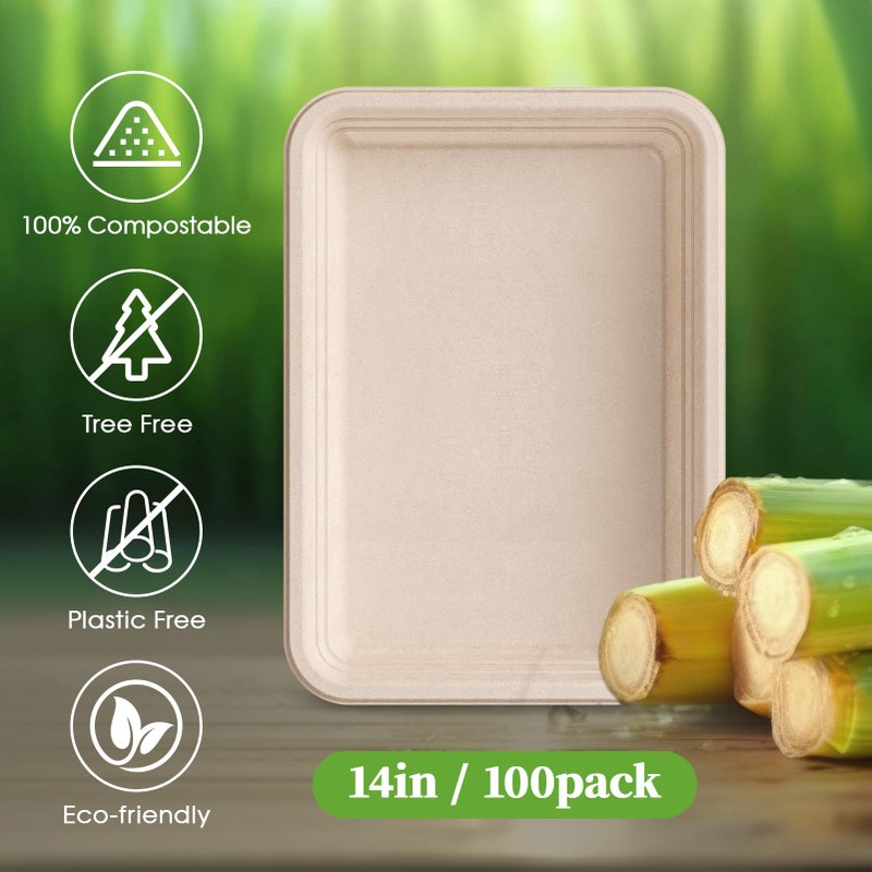 ECOLipak 100 Pack 14 Inch Disposable Food Crawfish Trays  Compostable Large Paper Plates  Disposable Thanksgiving Trays for Serving Food  Turkey  BBQ  Seafood Boil Party Supplies(Nature) - Image 5