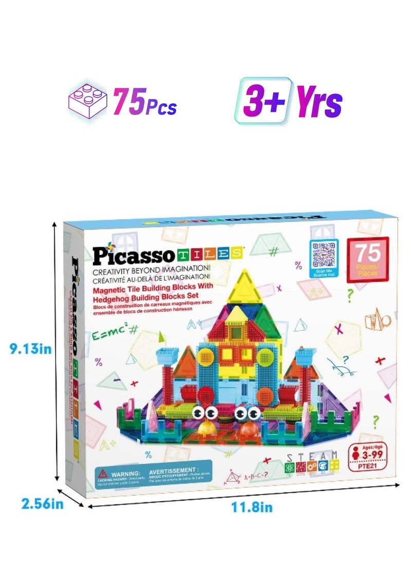PicassoTiles PicassoTiles Magnetic Tiles and Soft Hedgehog Building Block Set (75 Pieces)  - Image 1