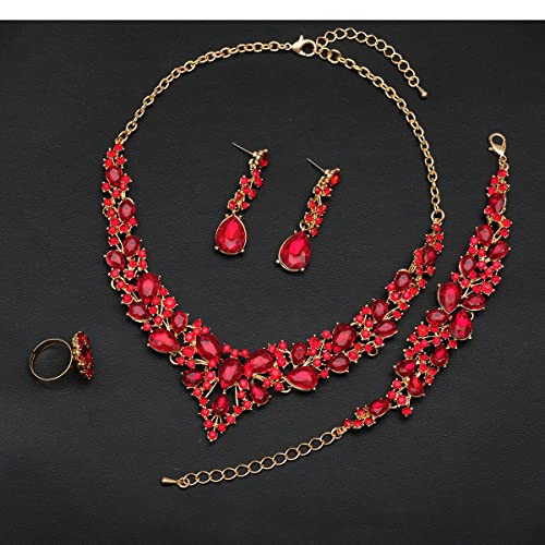 CSY 4 Pcs/Set Austrian Crystal Necklace Earrings Bracelet Ring Bridal Jewelry Sets for Brides Wedding Party Costume Accessories Gifts for Women (02-gold plated-red) - Image 3