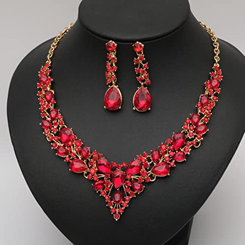 CSY 4 Pcs/Set Austrian Crystal Necklace Earrings Bracelet Ring Bridal Jewelry Sets for Brides Wedding Party Costume Accessories Gifts for Women (02-gold plated-red) - Image 4